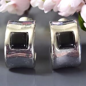 Napier Screw Back Earrings, 0.5 Inches, Silvertone with Black Square Stone,